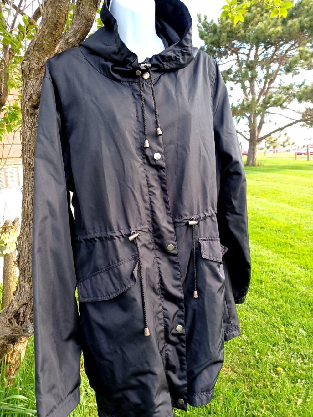 Serra Rain Slicker Lightweight Wind Jacket Black Hood Women’s Size XL